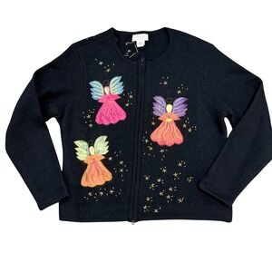 Vintage Talbots Women's Wool Cardigan Black Felt Angels Beads Black Size L